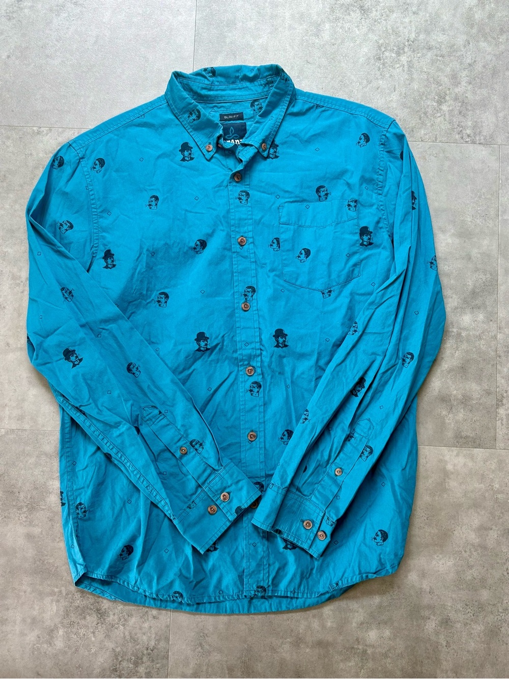 Prana Teal Button-Down Shirt with Small Black Face Print